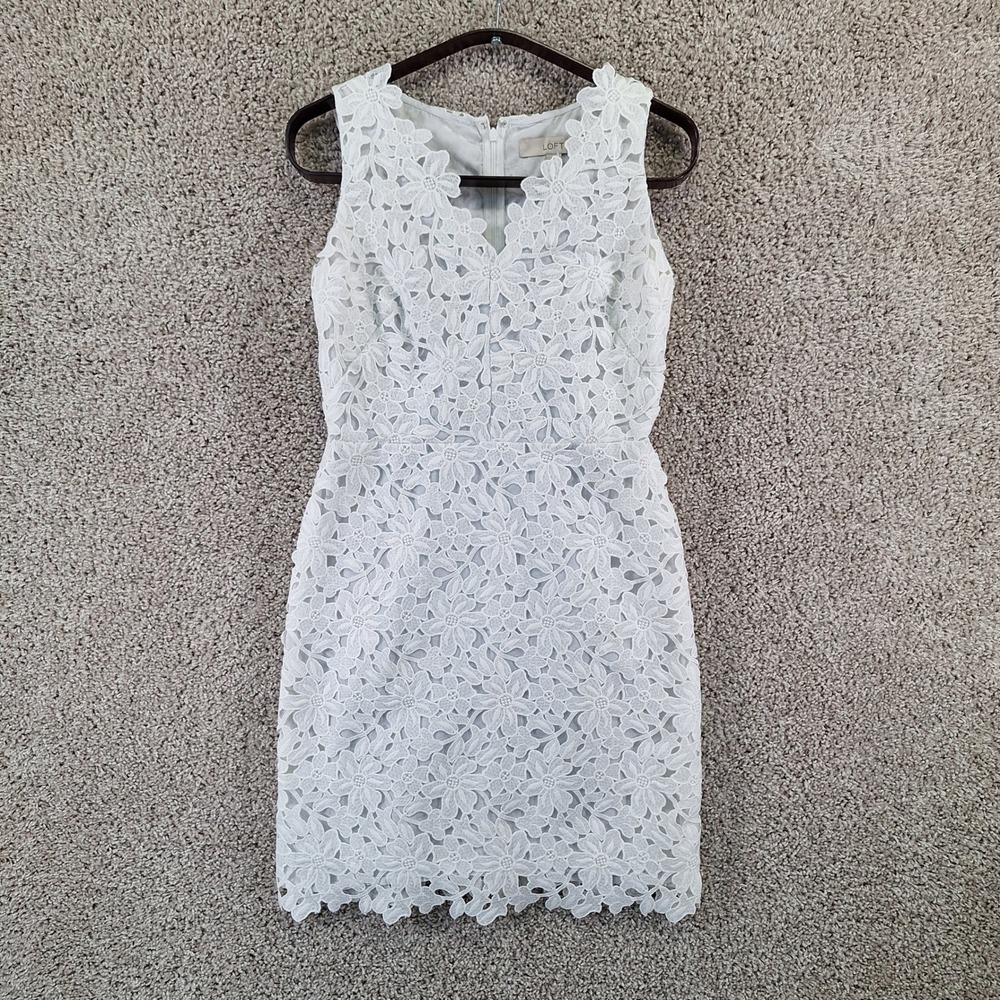 LOFT Dress Women 0P White Floral Lace Sleeveless Sheath Wedding Guest Bridal
